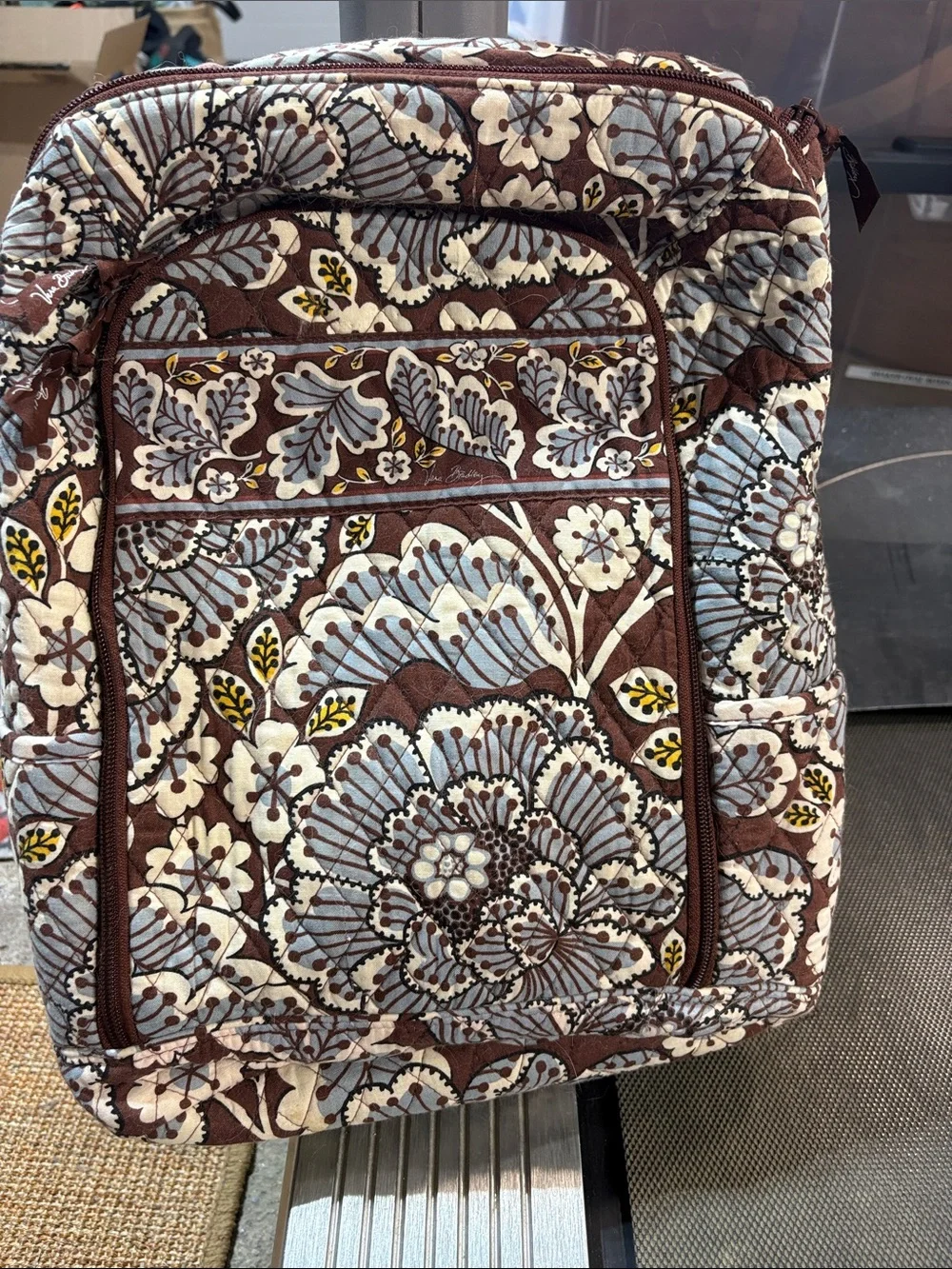 Vera Bradley Quilted Floral Backpack in Brown, Light Blue & Yellow